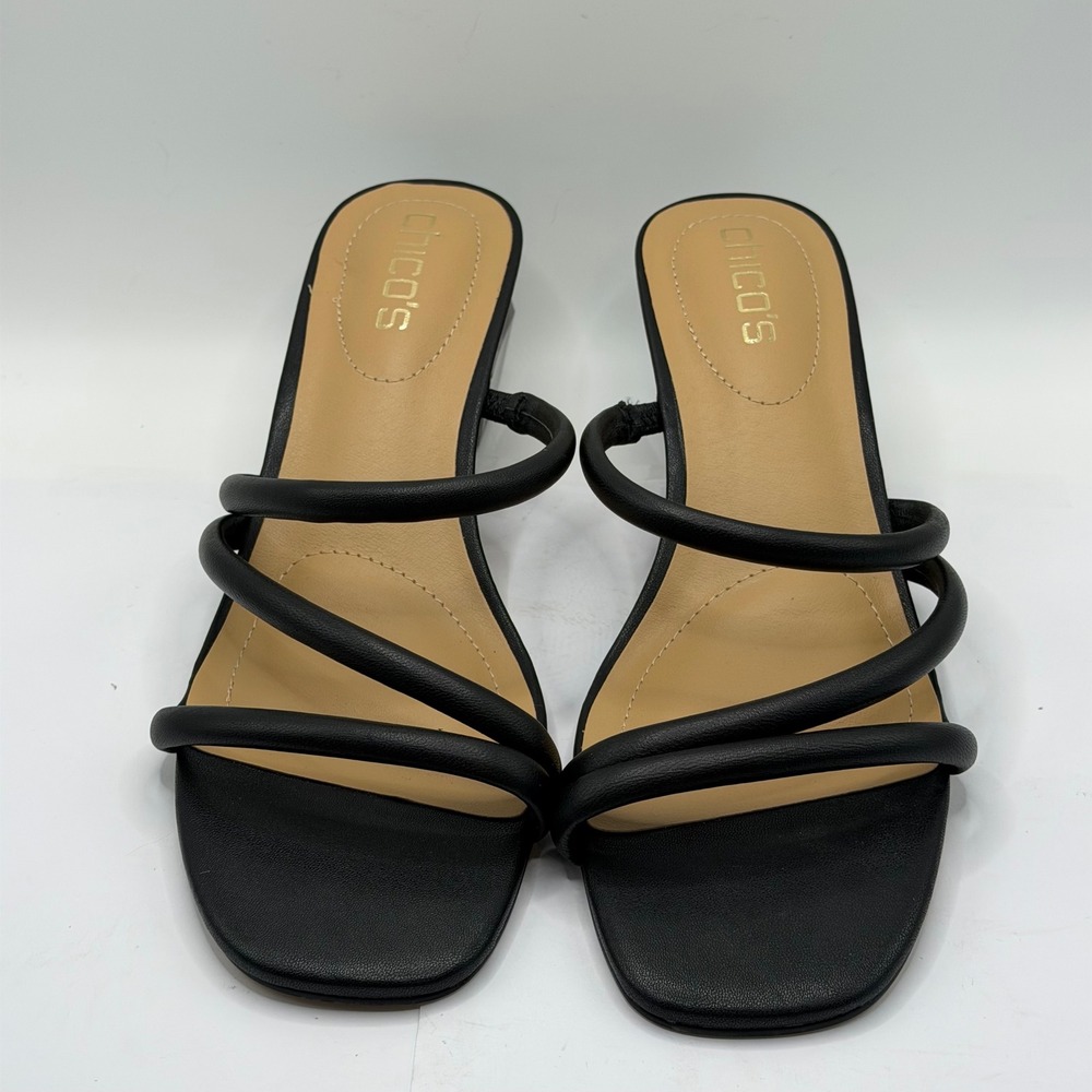 Chicos Marina Round Lucite Sandals Black Leather Triple Strap Block Heel 8.5 - Picture 3 of 10